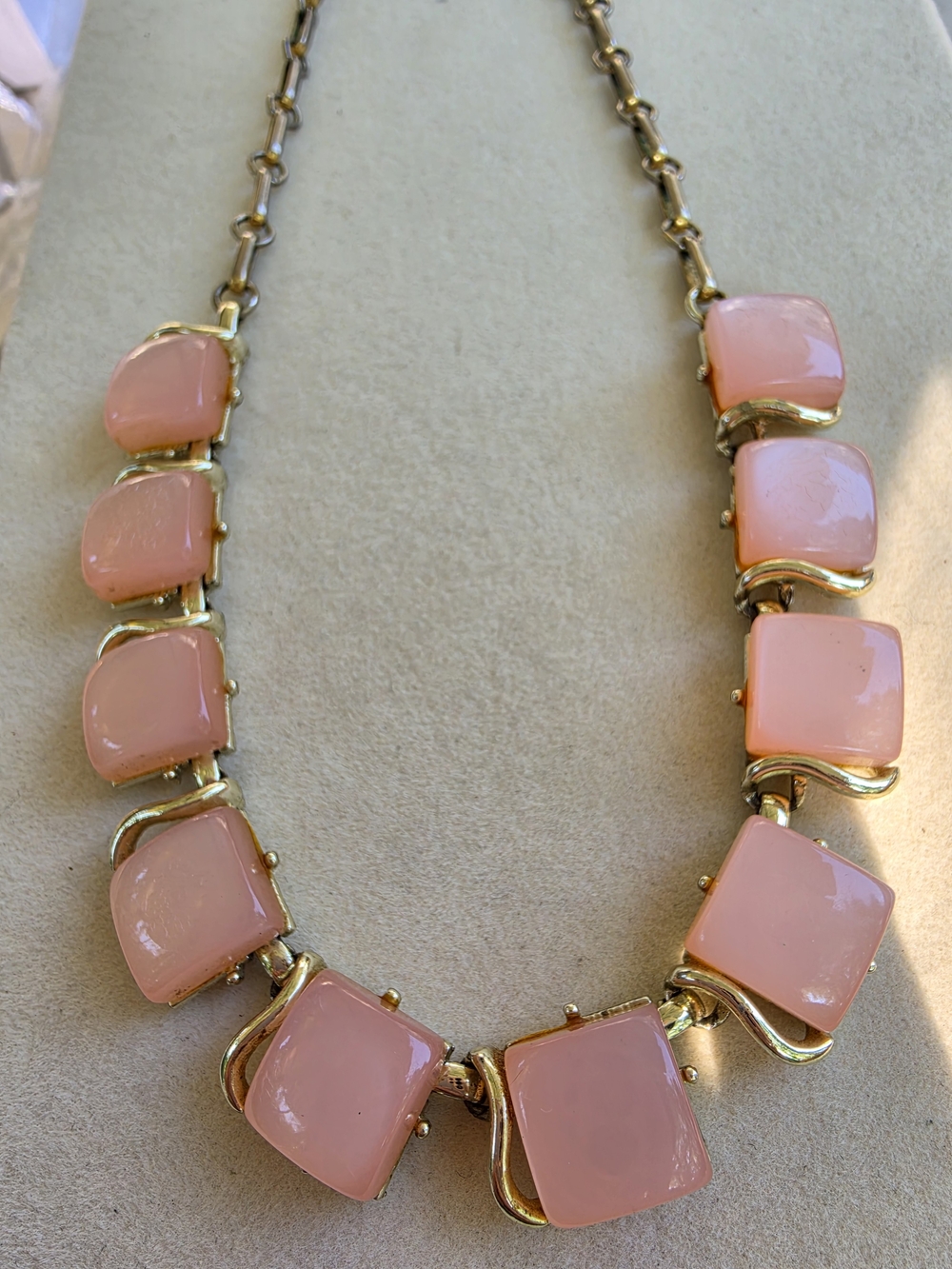 Coro Pink Glass Square Link Necklace with Gold Tone Setting